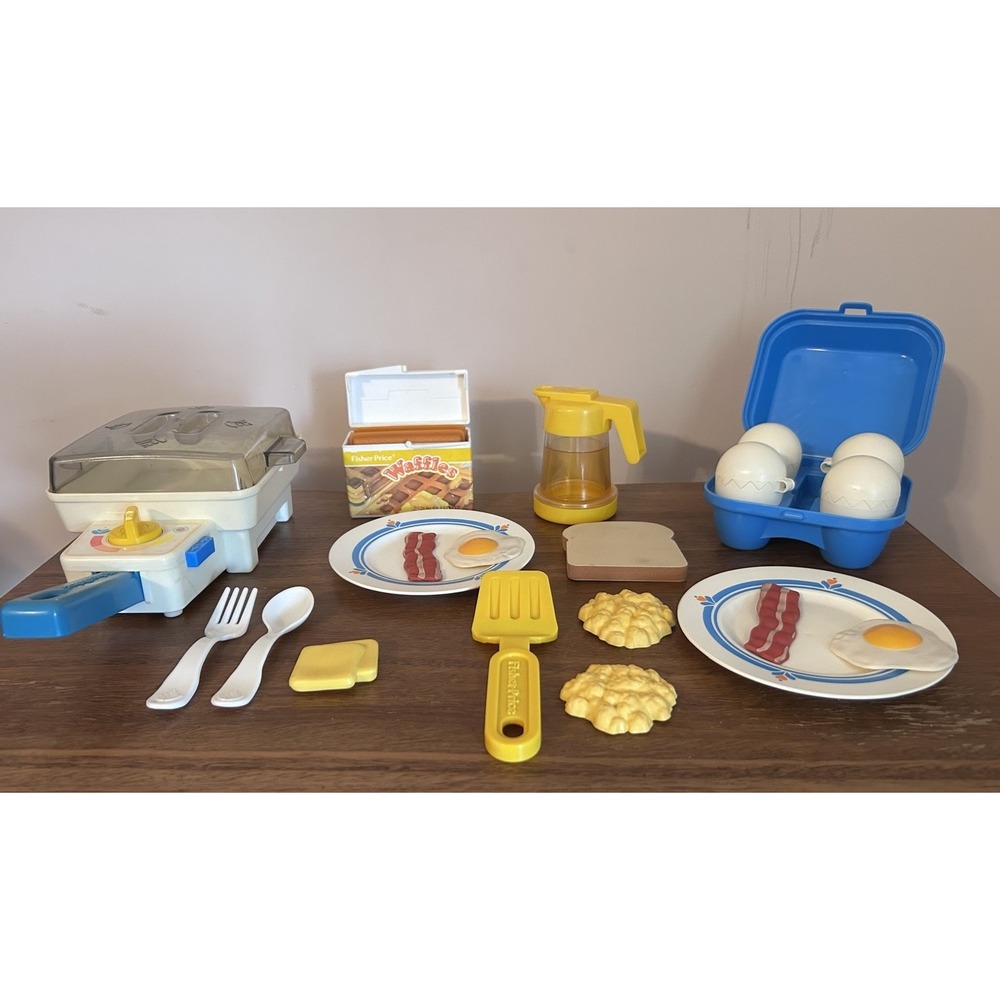 Vtg Fisher-Price 87 Fun Food Super Skillet Sizzling Sound Lid Eggs Waffles Bacon